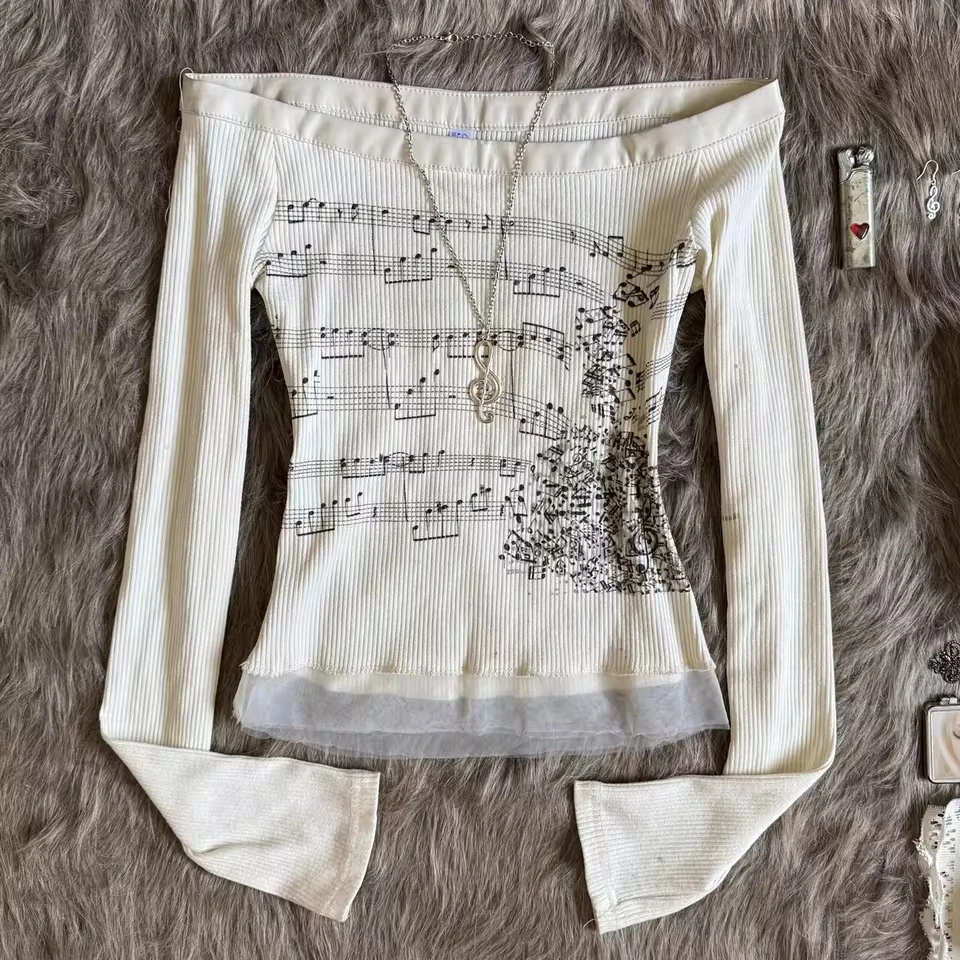 

Women Y2K Graphic Long Sleeve Top Off Shoulder Music Score Tee Shirt Aesthetic Fairy Grunge T-Shirt 2025 Fall Streetwear