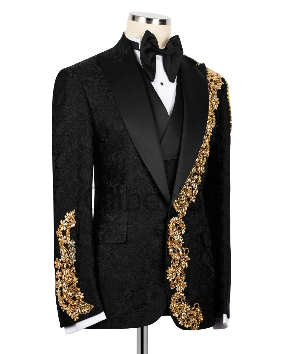 Olibexley 2027 Black Men Suits 2 Pieces Sets Gold Beaded Diamond Wedding Groom Tuxedos Male Prom Party Blazers Customized S297