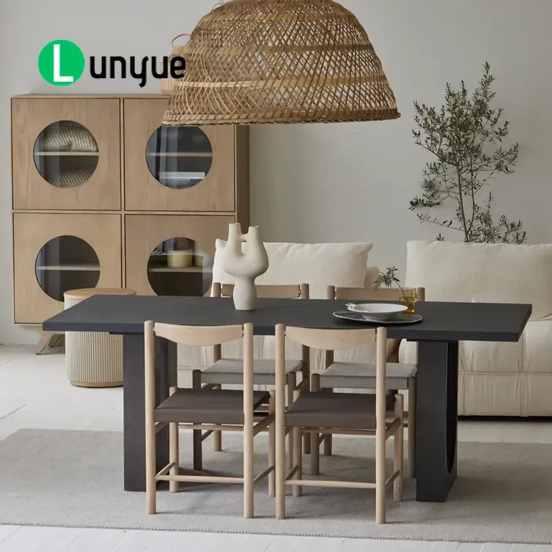 Nordic French Japanese Geometric Natural Stone Concrete Oak Thick Wooden Dining Table Set for 6 Seats Modern Home Furniture