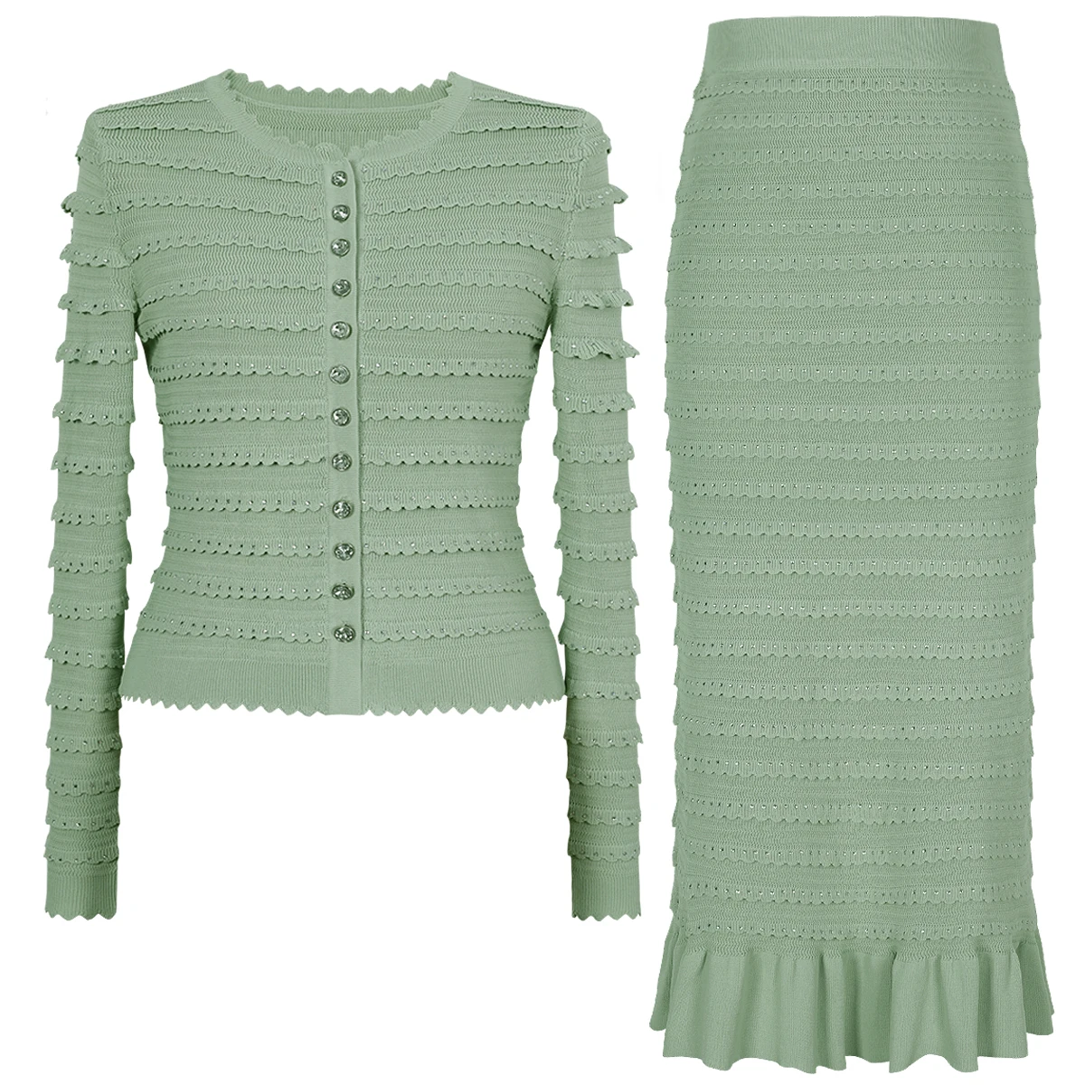 

Four Color High-quality New Fashionable Knitted Lace Rhinestone Top Cardigan Jacket+slim Split Ruffle Edge Half Skirt Set
