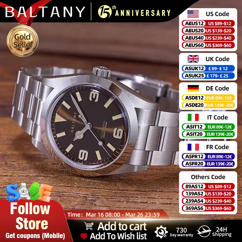 Baltany Vintage Explorer Homage Watches S4056 Sunburst 36mm Stainless Steel Bracelet 200M Luminous Men's Automatic Wristwatch