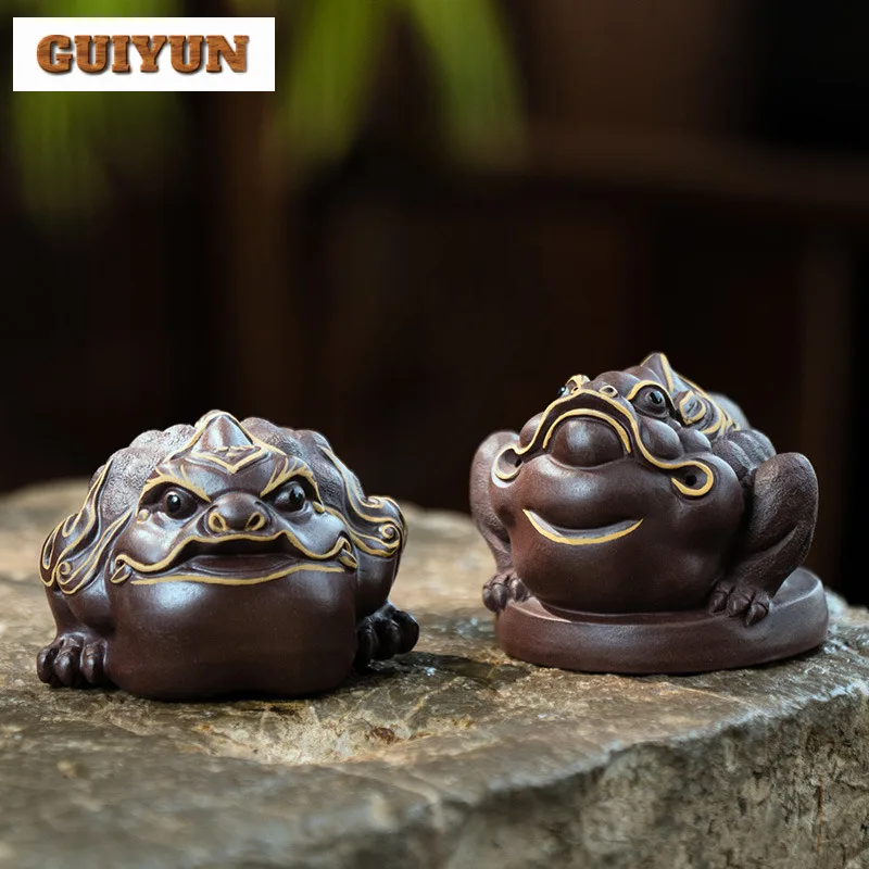 

Purple Clay Gold Painted Pixiu Attracts Wealth Tea Pet Luxury Exquisite Miniatures Tea Figurine Play Toys Tea Statue Ornaments