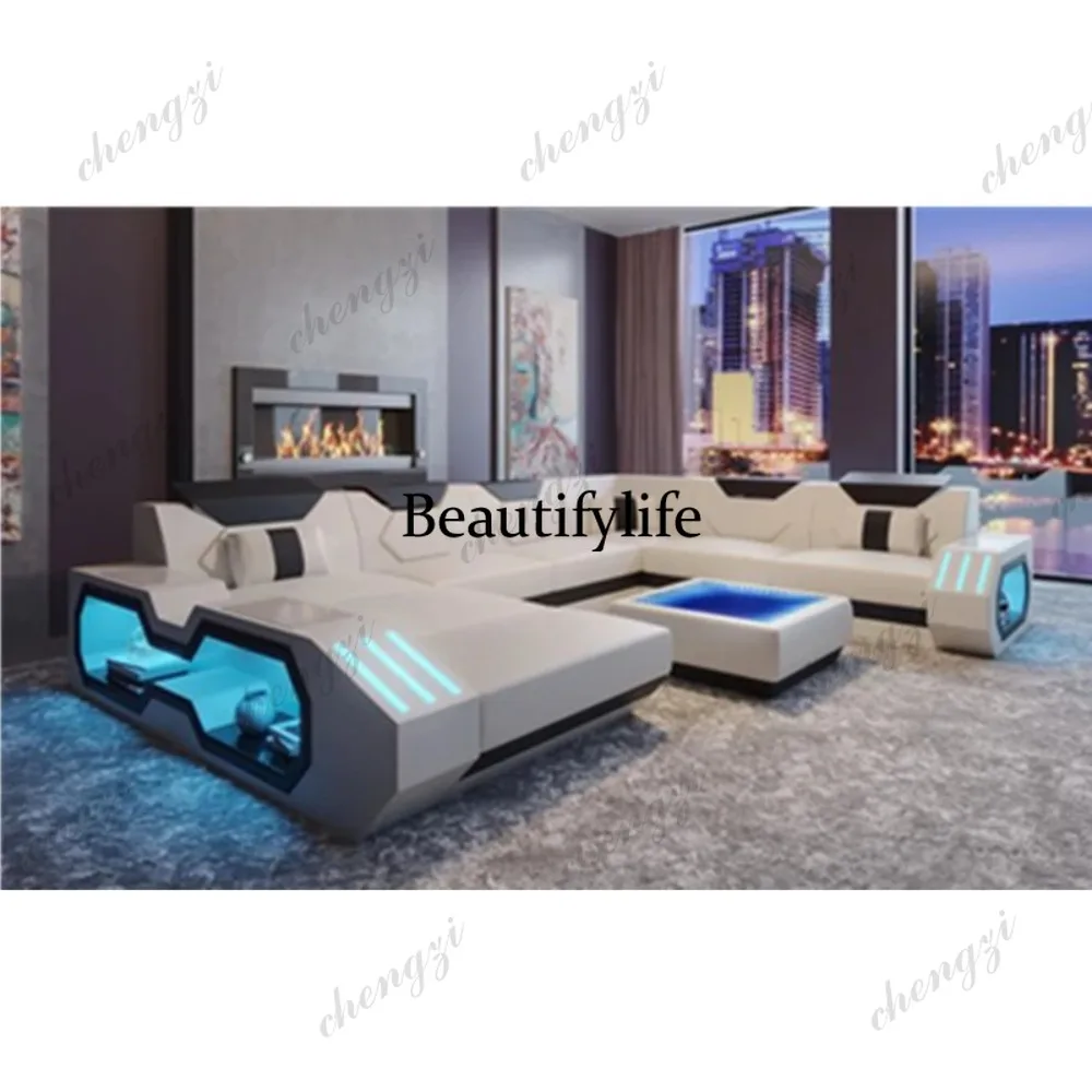 Luxury Italy Design Sectional Sofa Bed Modern LED Living Room Furniture Genuine Leather Sofas Sets