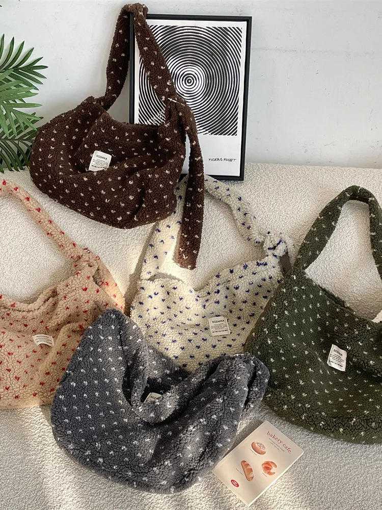 

Осенне-зимняя холщовая сумка-тоут в горошек с сердечками, повседневная сумка через плечо, вместительная сумка для молодежи