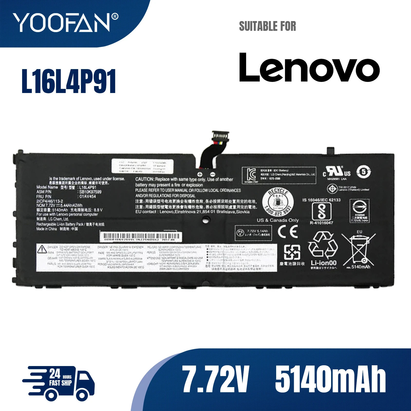 YOOFAN New Genuine Original L16L4P91 7.72V 42Wh Laptop Battery for Lenovo ThinkPad X1 Tablet GEN 3 3RD GEN-20KJ000NAU 01AV454