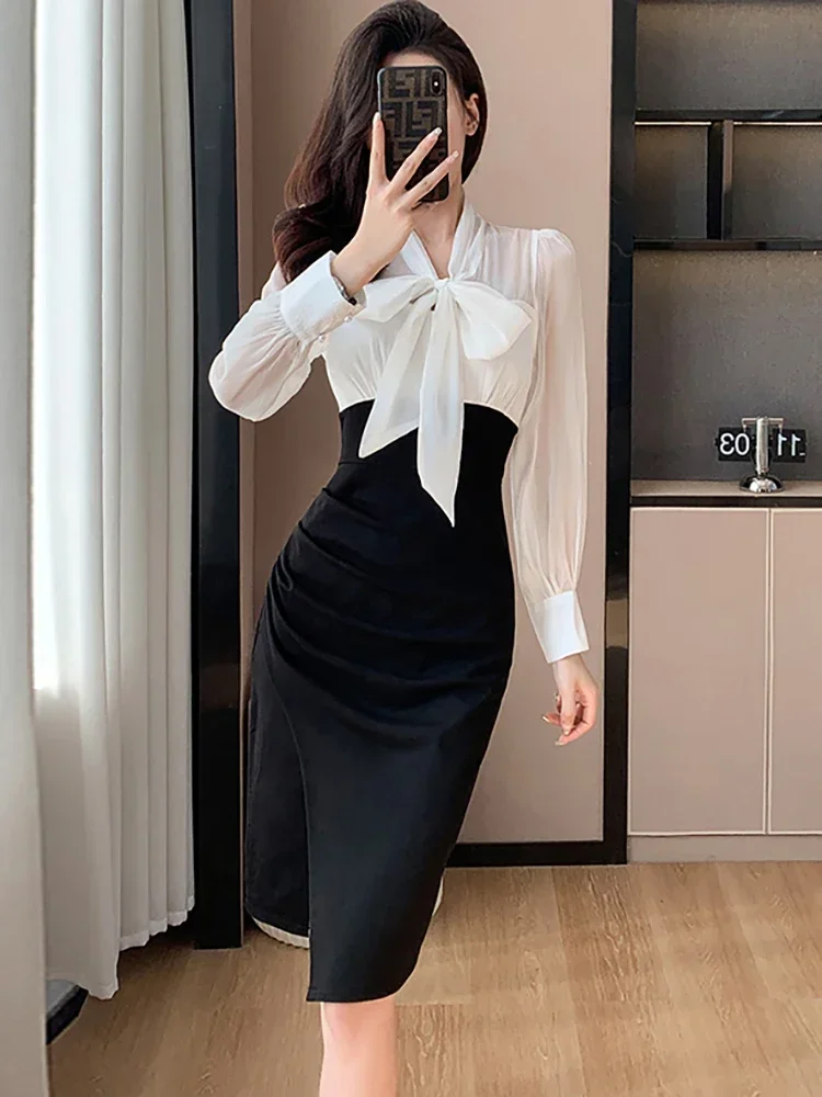 Black Patchwork White Bow Collar Office Lady Dress Autumn Winter Elegnat Bodycon Formal Dress 2024 Korean Vintage Evening Dress