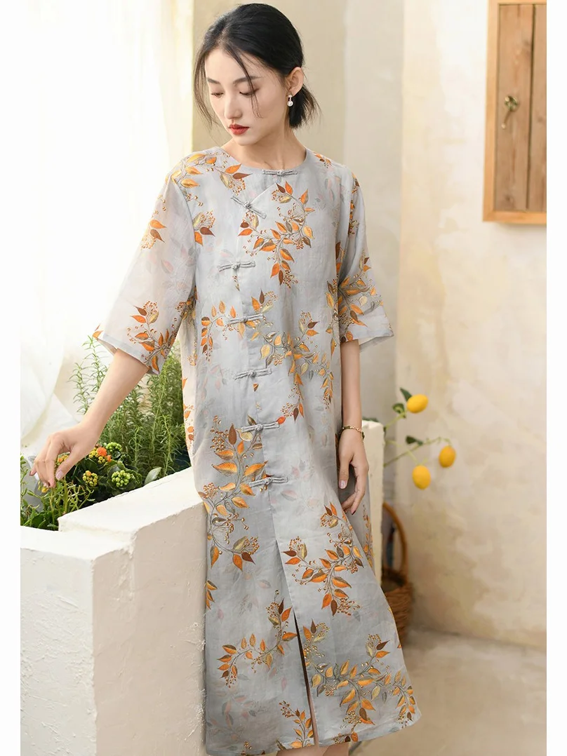 Ramie Cheongsan Dress Modern Chinese Revival Qipao Printed