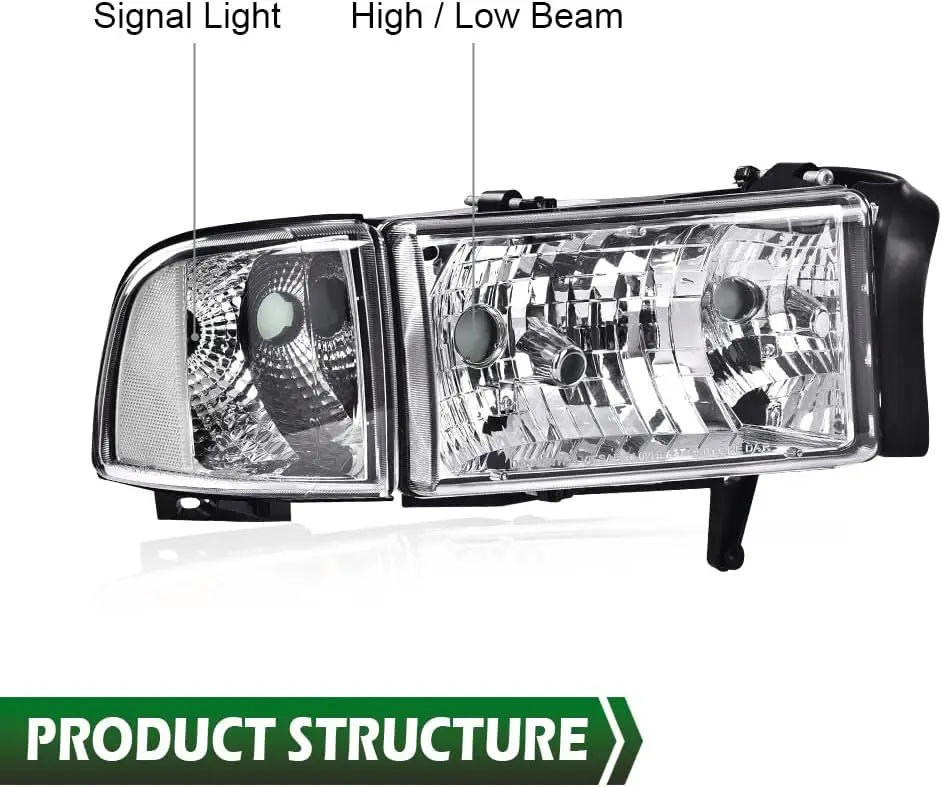 Headlights, Compatible with Dodge Ram 1500 2500 3500 1994 1995 1996 1997 1998 1999 2000 2001 2002 Clear lens Chrome Housing Clea