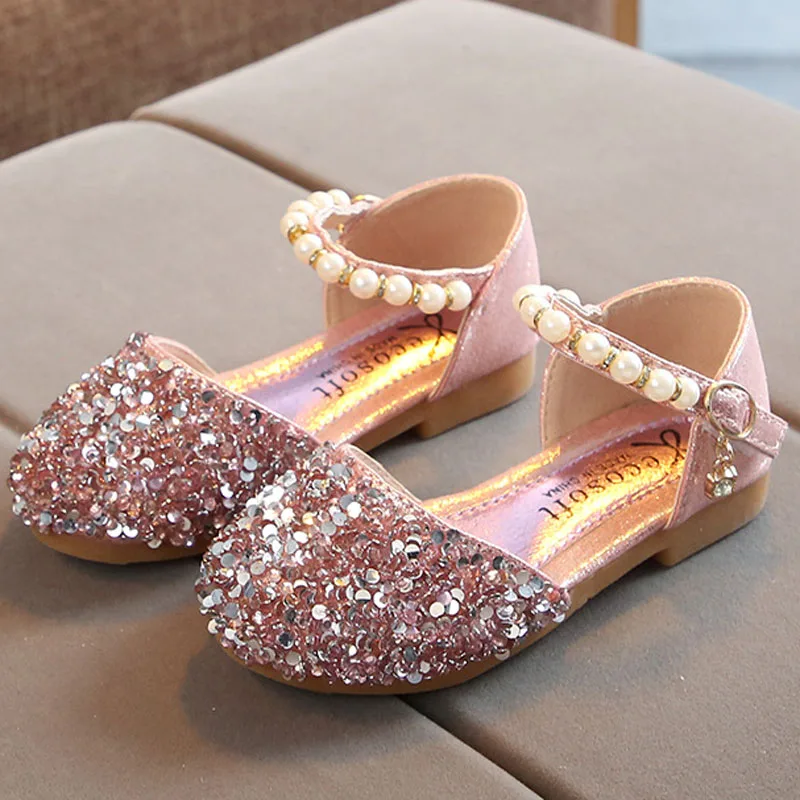 2024 Princess Girls Party Dance Shoes Student Flats Children Pearl Sequin Sandals Kids Performance Grand Event