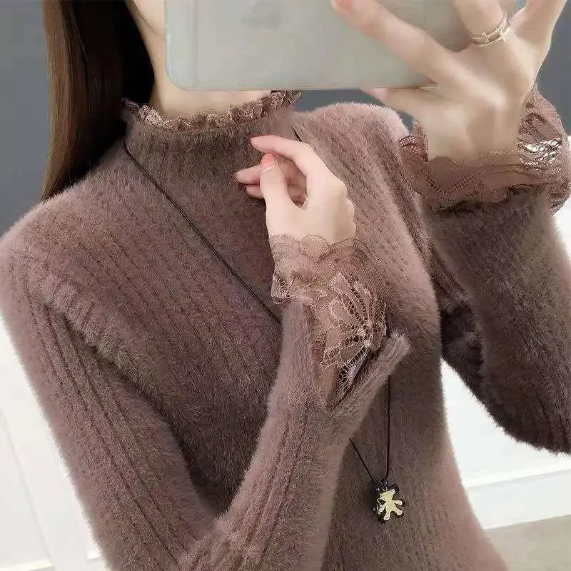 Elegant Half High Collar Knitted Spliced All-match Lace Sweaters Women\'s Clothing 2022 Autumn New Casual Pullovers Korean Tops