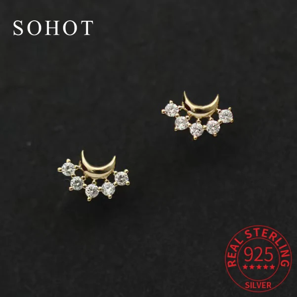 Echte 925 Sterling Zilveren Mini Zirkoon Maan Oorknopjes Voor Vrouwen Feest Korea Fijne Sieraden Minimalistische Leuke Trendy Accessoires