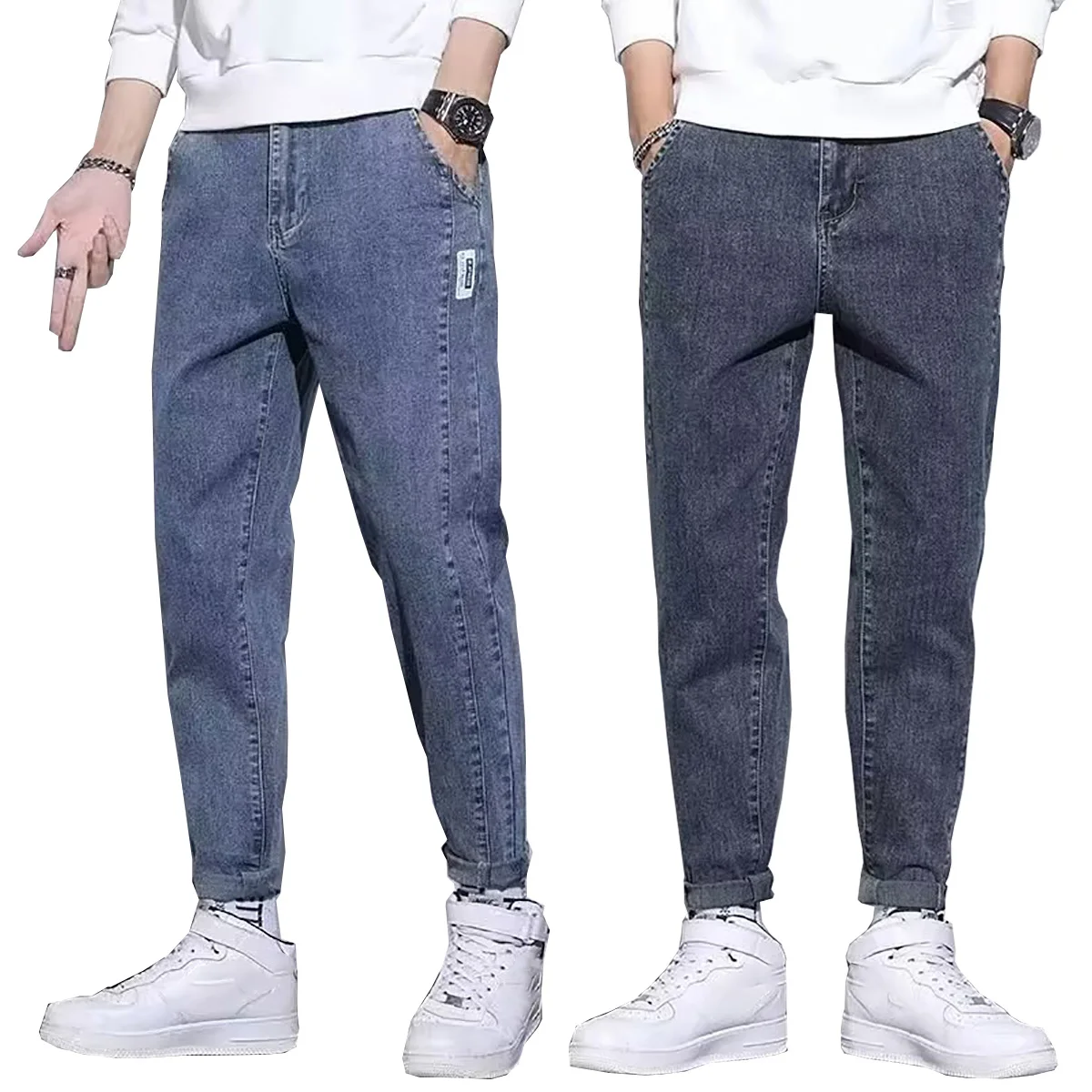 

2025 Men's Slim Fit Denim Pants Spring Autumn Casual Fashion Leg Cinching Cropped Pants Blue Black Other Colors Choose From