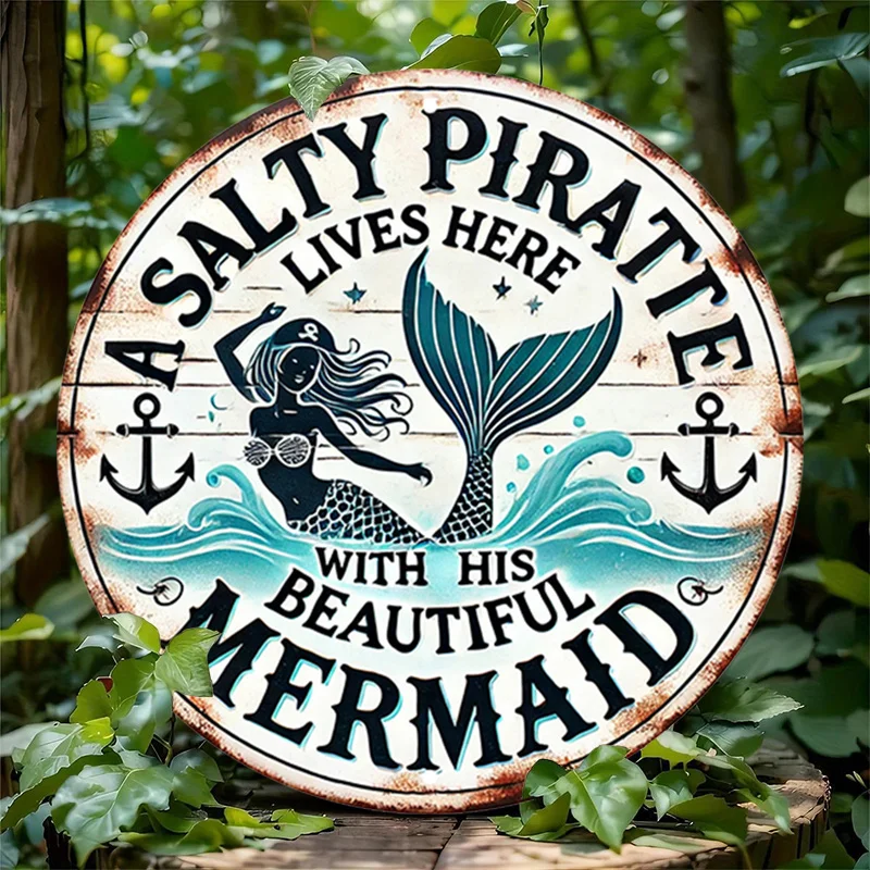 Nautical-themed Round Aluminum Sign Depicting A Mermaid, Perfect for Adding A Vintage Touch To Any Room