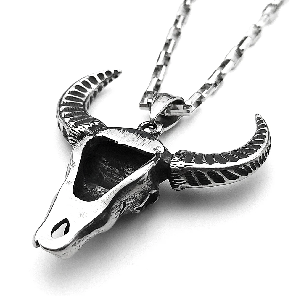 Gothic Vintage Viking Skull Ghost Bull Head Pendant Necklace for Men Women Silver Color Punk Satan Halloween Jewelry Gift