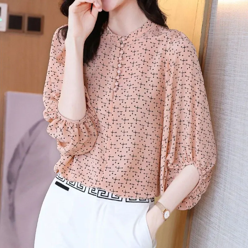 Office Lady Spring Summer Thin Stylish Printed Blouse Women\'s Clothing 3/4 Sleeve Casual Round Neck Button Loose Chiffon Shirt