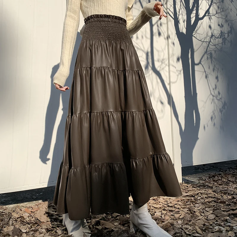 Fall Winter New PU Skirts Women Faux Leahter Elastic High Waist Pleated Skirt Long PU Skirts Green Black Saias Mujer 2024 New