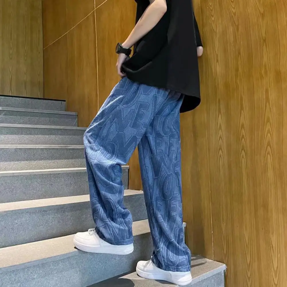 

Men Drawstring Waist Trousers Stylish Men's Corduroy Pants with Adjustable Drawstring Waist Wide Leg Design Letter Print Detail
