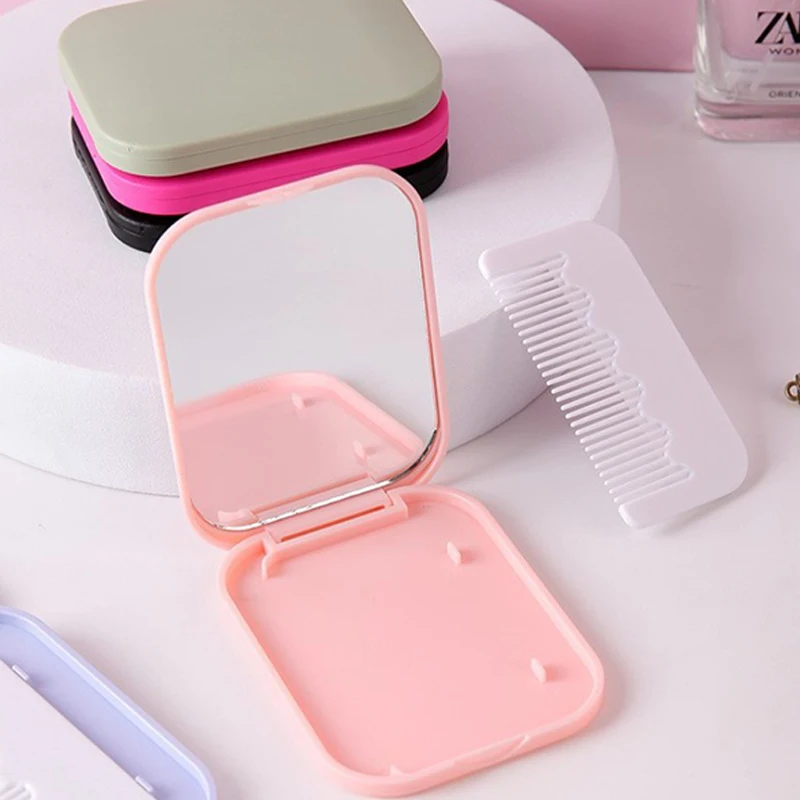 Cute Macaron Candy Color Portable Mini Handheld Folding Makeup Mirror With Comb Durable Gift Student Beauty Tools