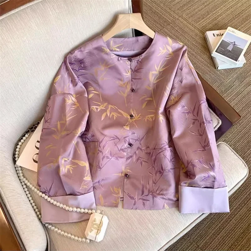 

New Chinese Sle Purple round Ne Embroidered Button Jaet Women's Spring Autumn Vintage High End Improved Tang Costume Top