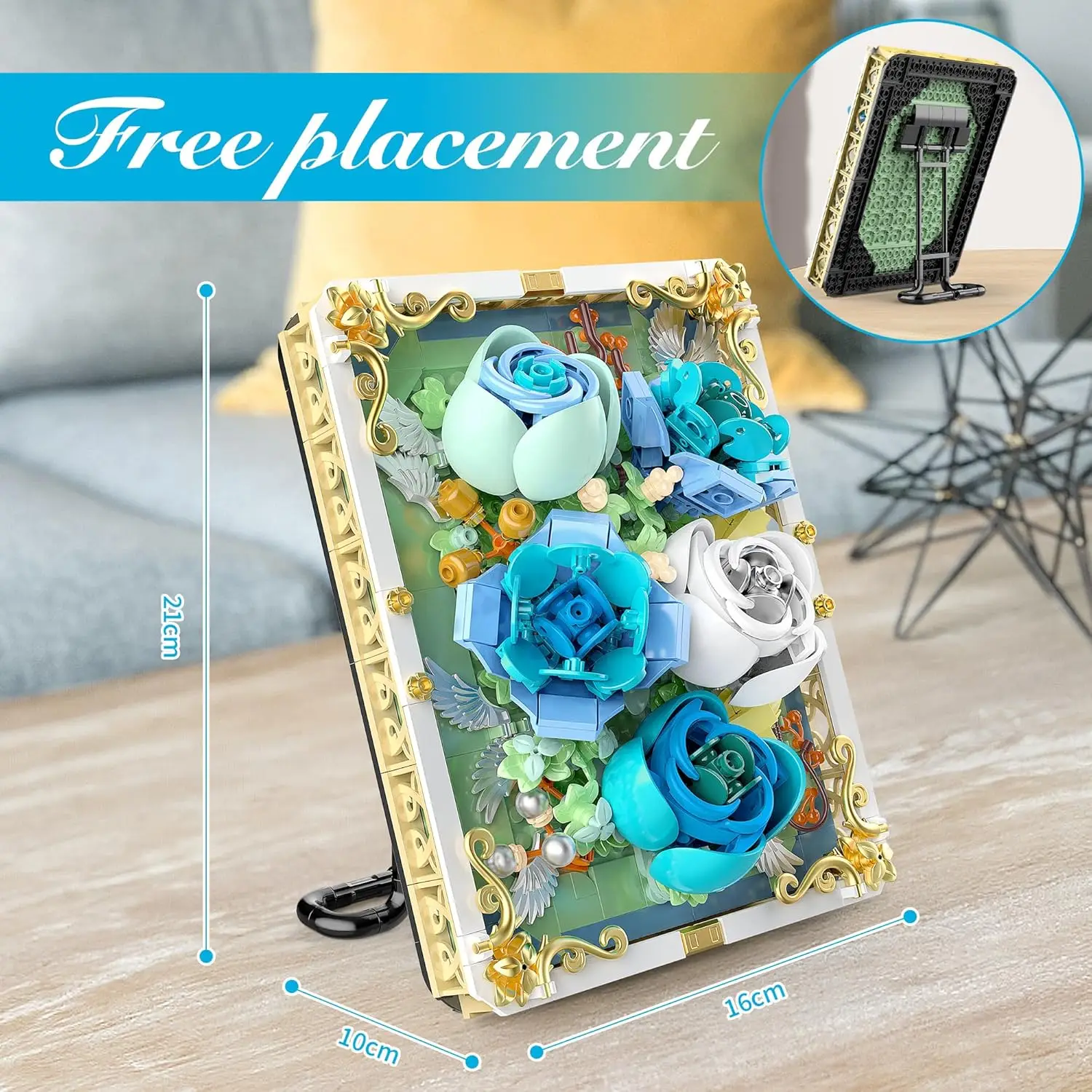 Flower Building Blocks Set, Roses Bouquet in a Picture Frame Integrated with Gold, Home Decoration Building Blocks Set for Adult