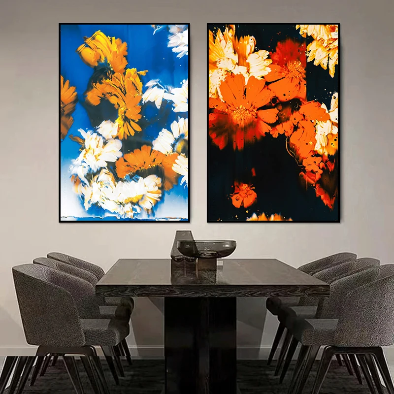 Abstract Blue White Invert Color Flower Print Canvas Painting, Black Red Flower Wall Art, For Living Room Study Decor, No Frame