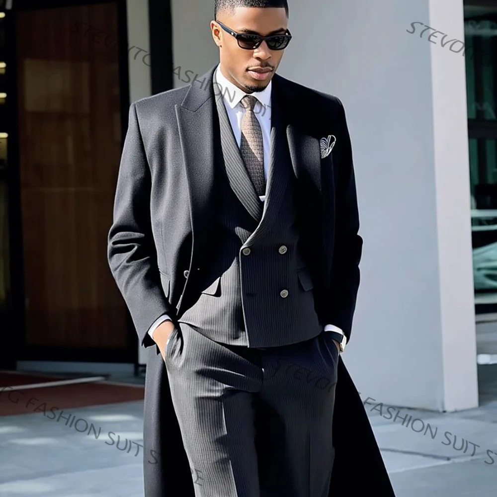 Dark Gray Men's Clothing Double Breasted Long Overcoat Pinstripe Jacket+Pants Set 3 Pieces Suit Formal Winter Wedding Outfit