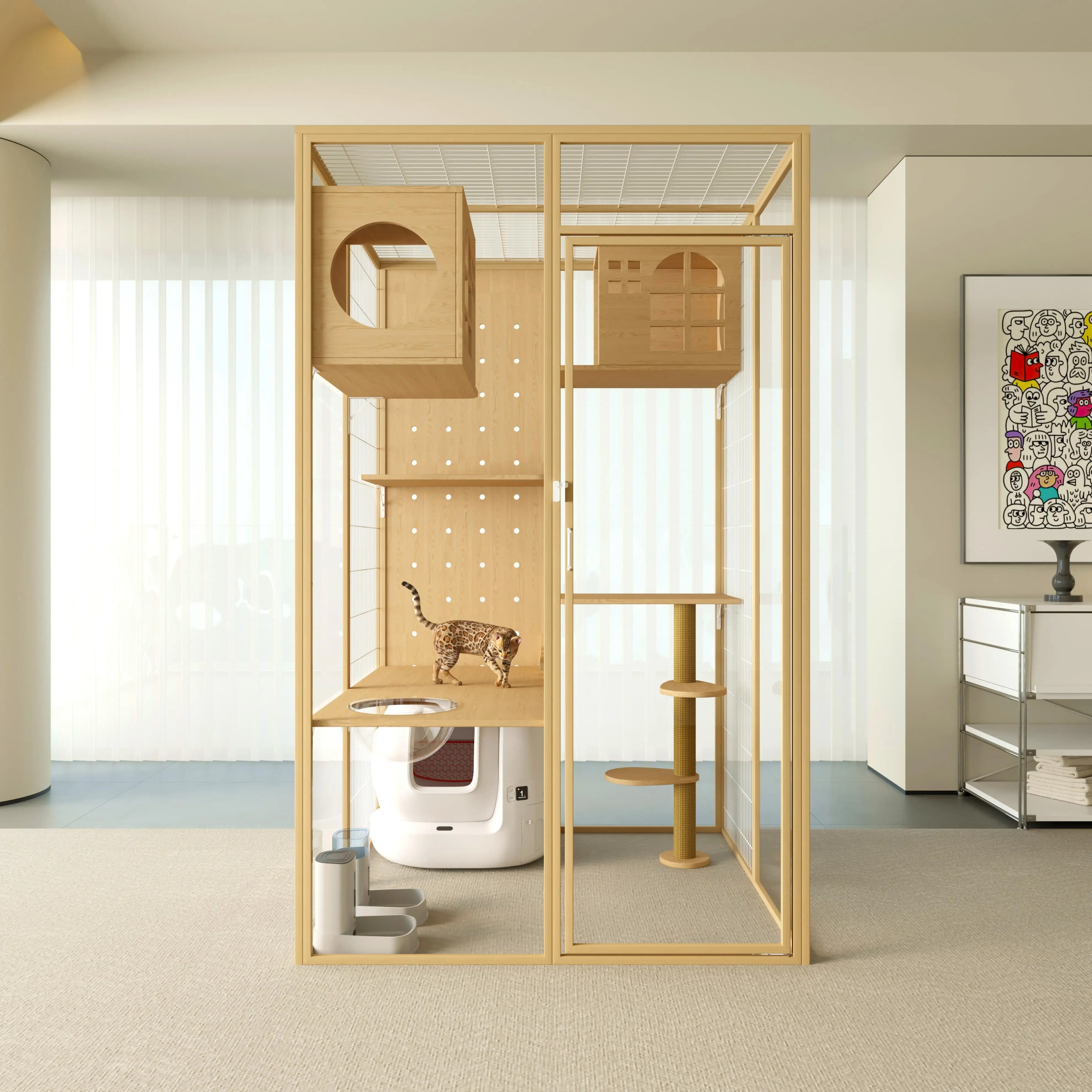 

Luxury Modern Transparent Cat Villa Solid Wood Outdoor Pet Cage with Animal Pattern Easy Clean Cage Carrier House for Dogs
