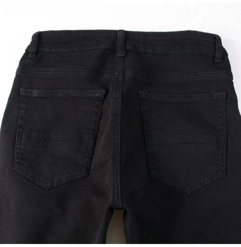 Herren Jeans mit Silber-Leder-Patches, Streetwear, Skinny Tapered Stretch Denim Hose mit Löchern, Ripped Patchwork Schwarze Hose – Detail 12