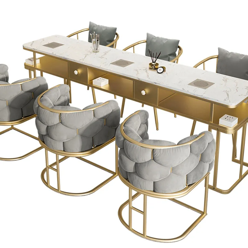 Mesa de uñas de mármol dorado, diseño técnico, silla de cliente, mesa de uñas, aspiradora, tocador, Onglerie, muebles de salón profesional