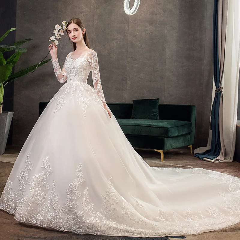 Europe and America Cross Border plus Size Wedding Dress2025New Long Tail Mid Waist Backless Dream Long Sleeve Wedding Dress in S