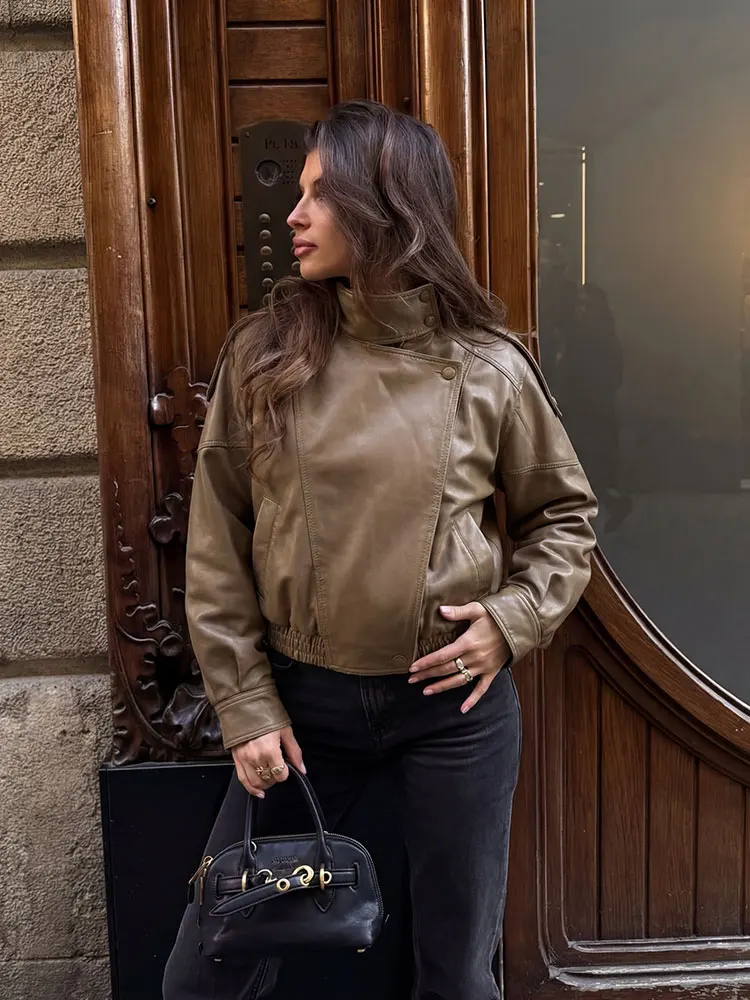 

HH Vintage Women's Faux Leather Moto Jacket Stand Collar Asymmetrical Zip Oversized Bomber Jacket for Biker Street Fashion