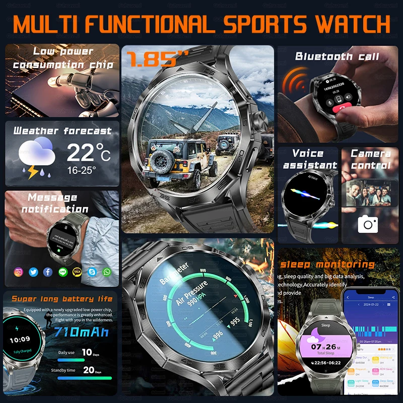 2024 New For HUAWEI IOS Top Military Available Compass Smartwatch HD 1.85inch Bluetooth Call Outdoor Sport IP68 Waterproof Watch