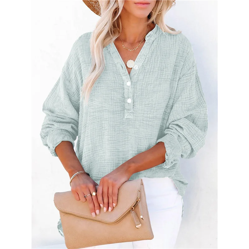 

NEW-Womens Casual Button V Neck Long Sleeve Shirts Oversized Solid Blouses Tops