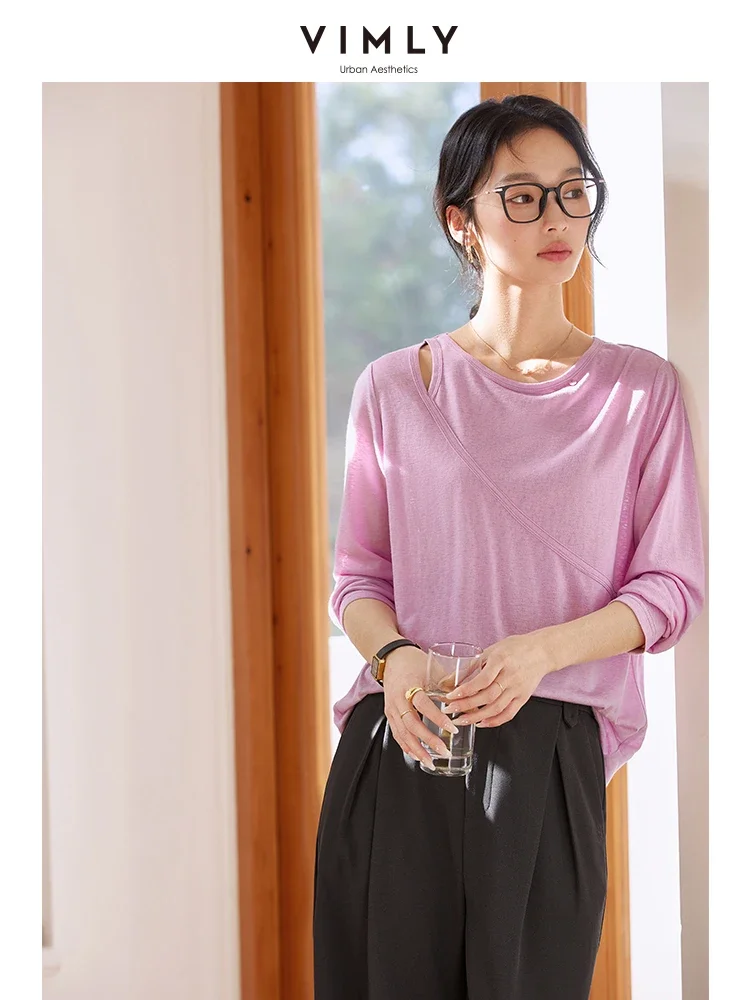 VIMLY Women Simple Casual Irregular Split T-Shirt 2025 Spring Office Lady O-Neck Long Sleeve Basic Pullover Top Elegant A0379