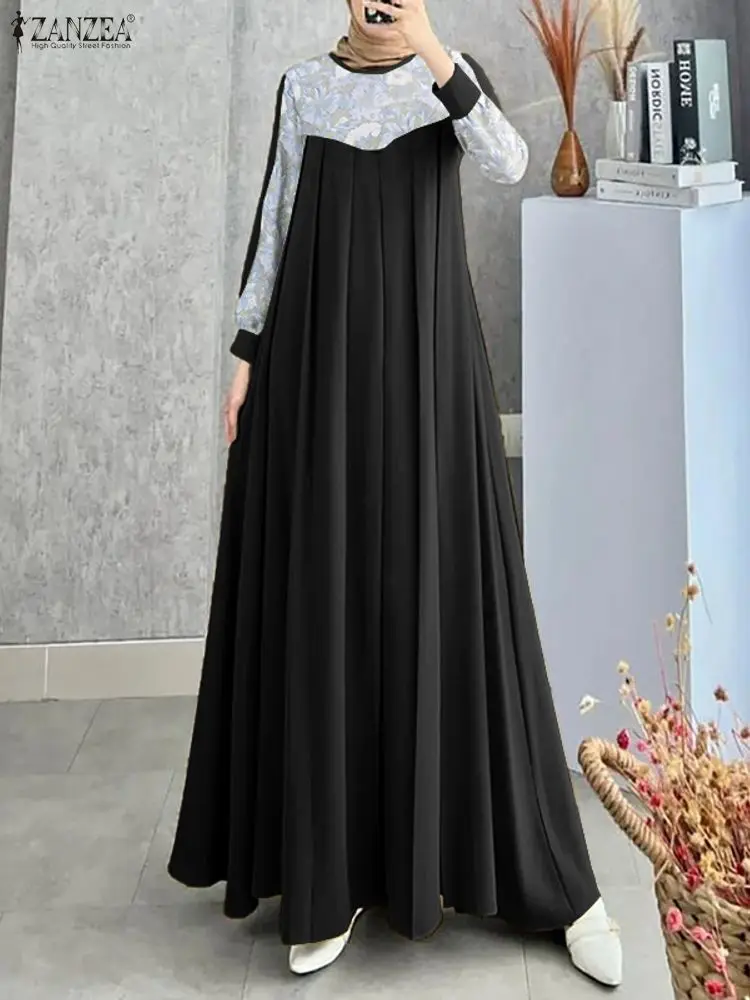 

ZANZEA, осеннее мусульманское платье Абая, женское 2026, элегантное плиссированное платье с длинными рукавами-фонариками, лоскутное платье, халат с принтом, Рамадан