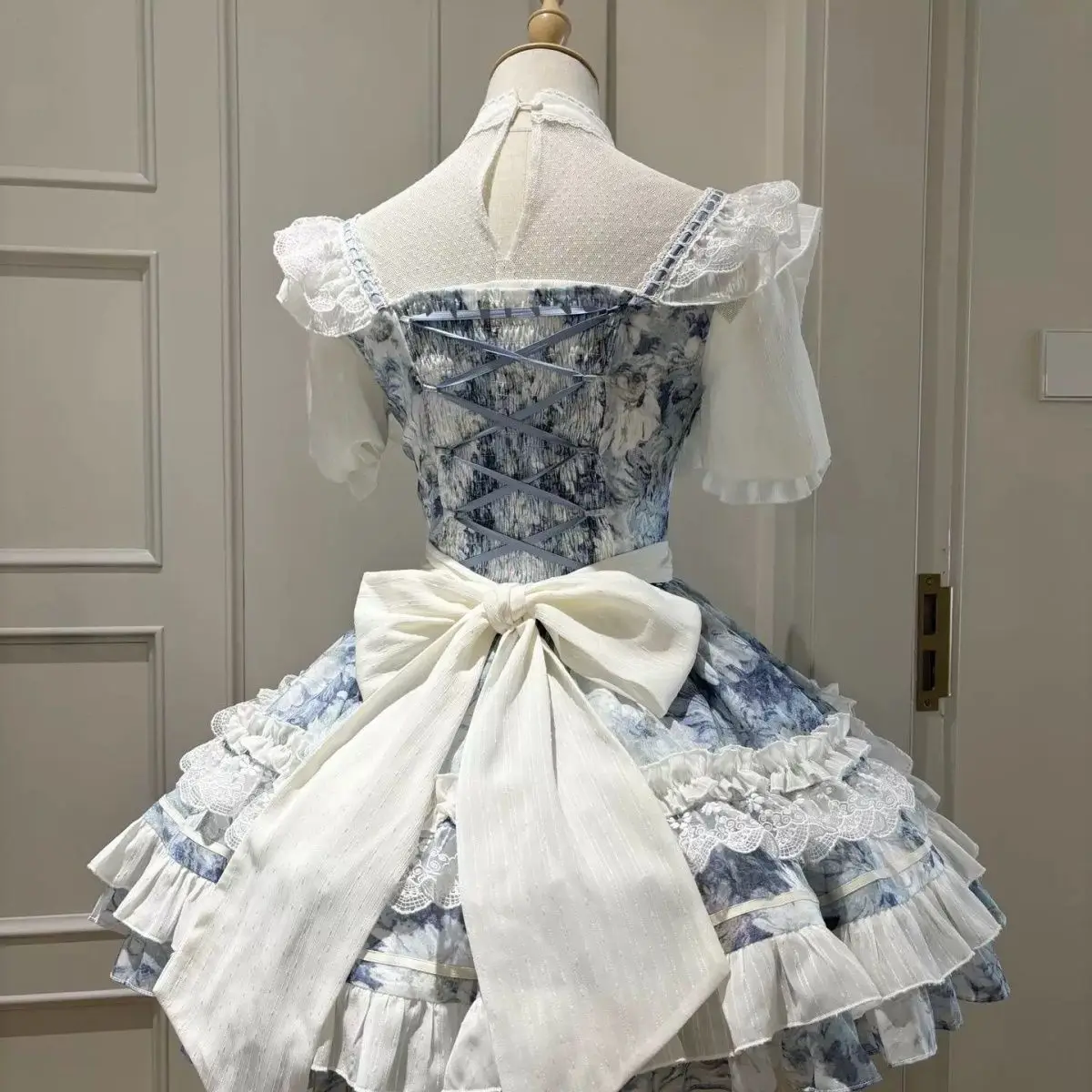 Japan Lolita Sweet Girl Blue Dress Female High Waist Lace-up Bow Above Dresses Kawaii 2024 New