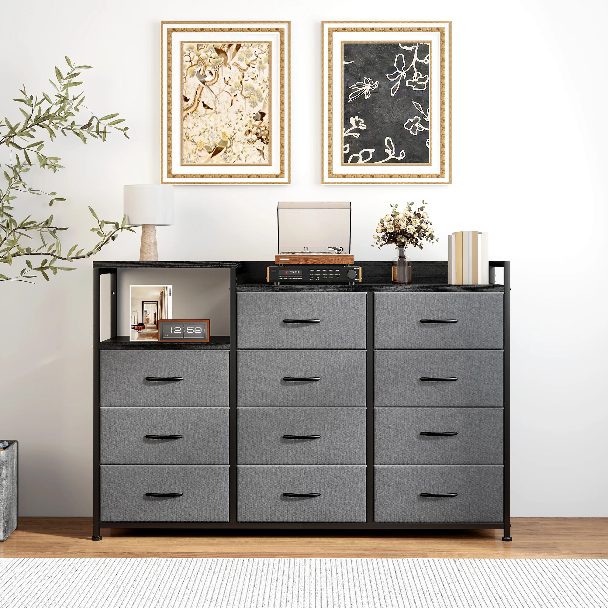 EnHomee 11-Drawer TV Stand & Dresser Combo - Features Sturdy Metal Frame, Wood Top, and Integrated Shelves for Bedroom Storage