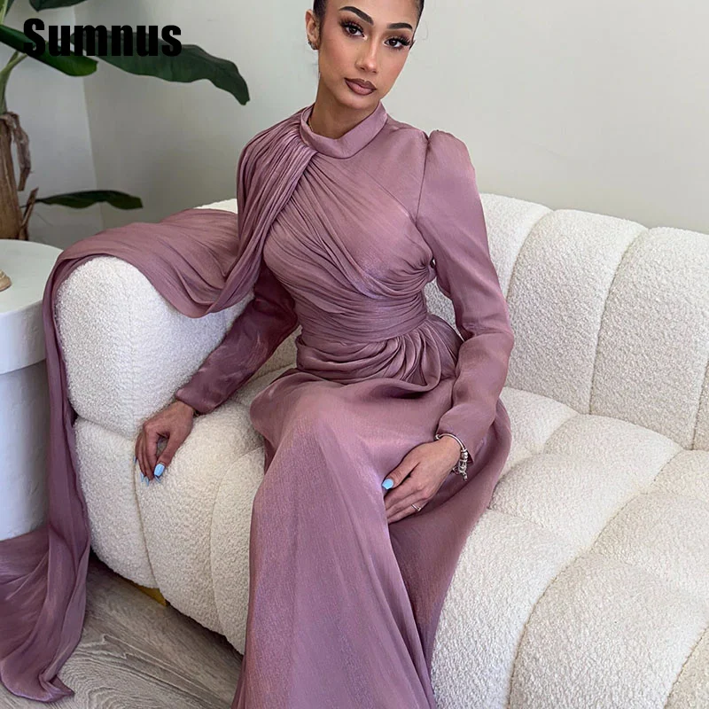 

Sumnus Simple Mermaid Evening Dresses High Neck Long Sleeves Floor Length Prom Dresses فساتين سهرة Customized