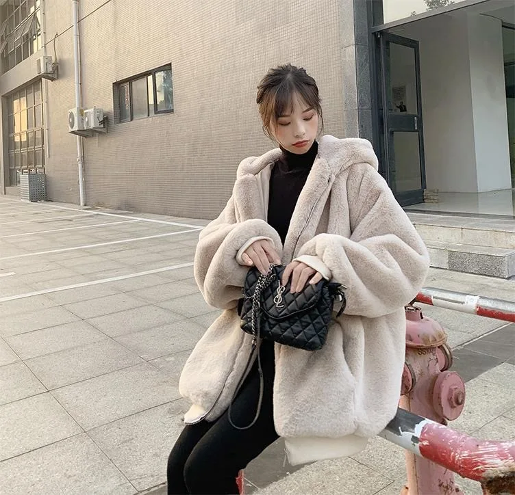 Women Faux Rabbit Fur Coats Solid Fur Jackets Pokcet Zipper Hooded Cotton Linen Long Sleeves Loose Fit Casual 2026 Autumn Winter
