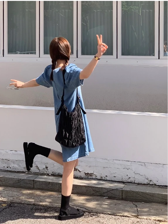 Waed Denim Bubble Sve Dr round Ne Loose Slimming Ba Zipper Versatile ort Doll Skirt Trendy Women's Clothing