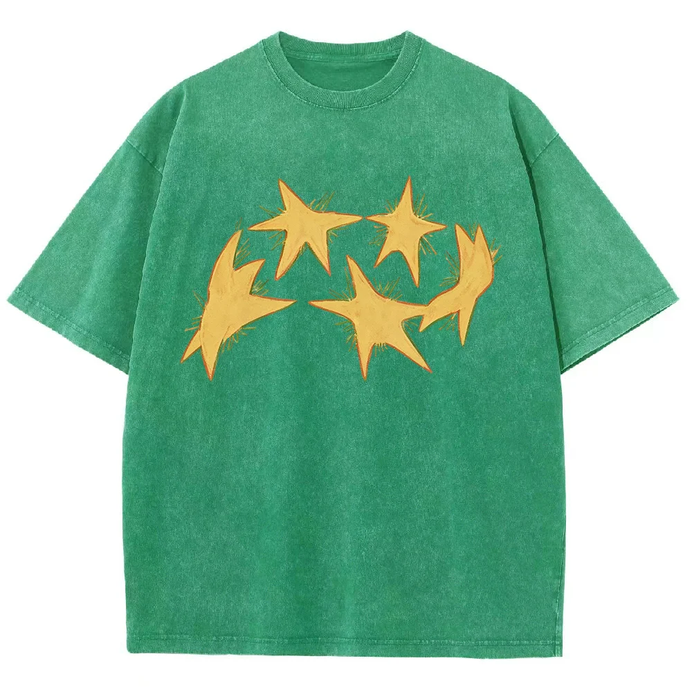 Vintage Washed T Shirt For Women Men Hand Drawn Yellow Stars Print Oversized Short Sleeve Tees Loose Streetwear Cotton T-shirt
