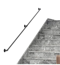 DIYHD Stair Black Pipe Handrail with Wall Mount Supports,Rustic Black,Round Corner Style,4FT-16FT