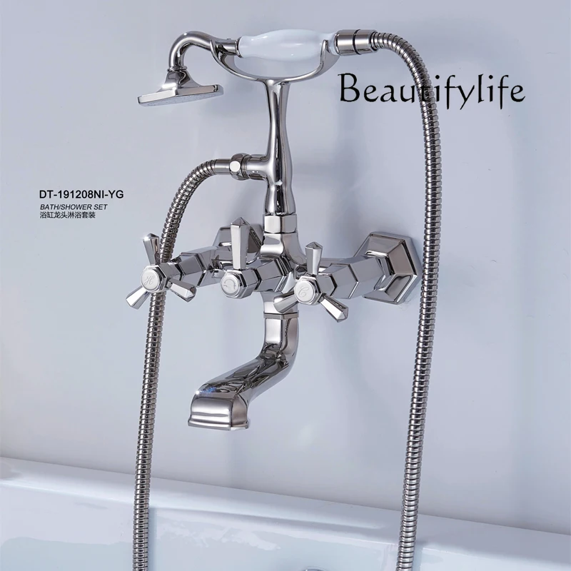 

Bathroom new hexagonal series surface shower bathtub four-hole faucet shower double control wall hanging Nordic