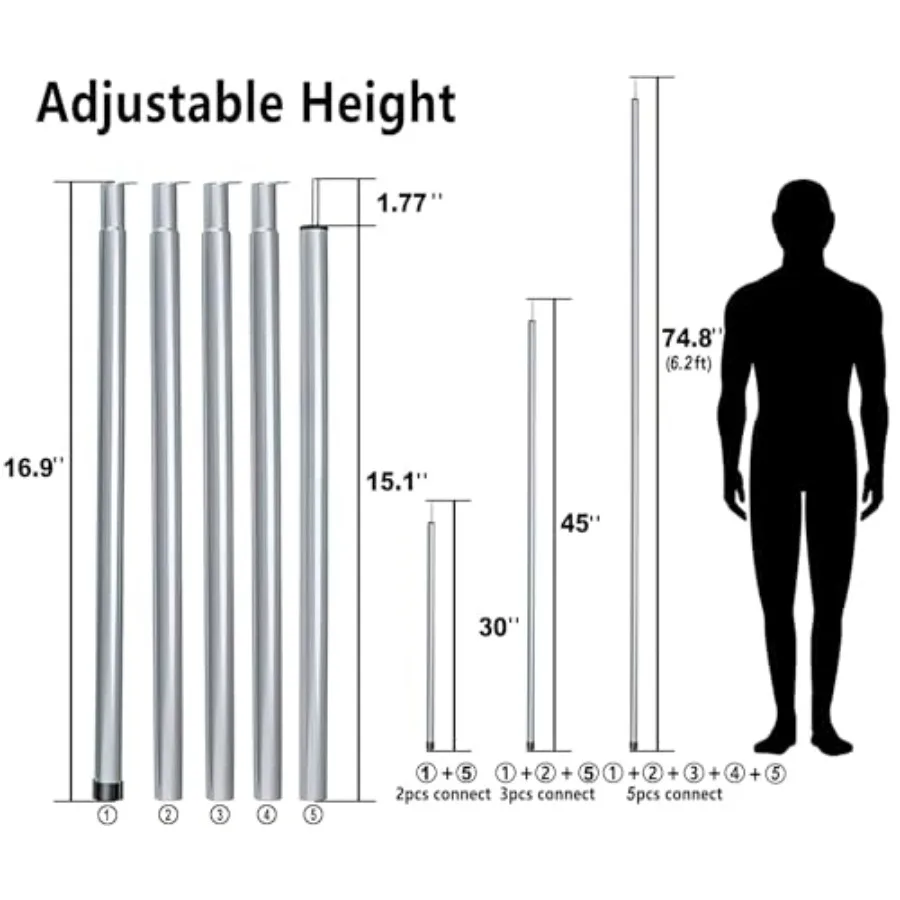 Camping Tent Pole Repair Kit Including Ropes Stakes Adjustable from 30" to 74.8" Replacement for Tarp Awning Rainfly 2 Set 10 S