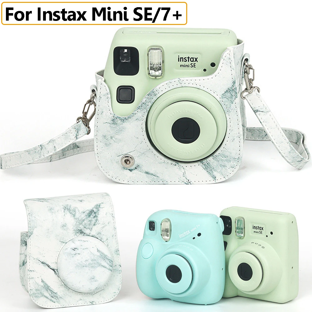 Funda de cuero PU portátil para Instax Mini SE/7 +, carcasa Universal con estampado de mármol para cámara, bolsa con correa de hombro para Mini SE/7 +