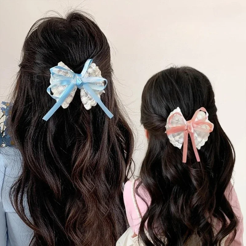 2PCS Elegant Lace Bow Hairpins Women Fashion Red Ribbon White Floral Design Travel Casual Hair Accessory Elegant Hair Clip
