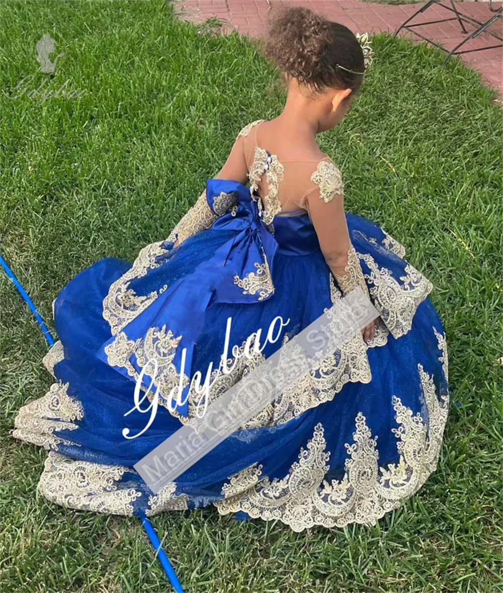 Royal Blue Little Girl Festive Costumes Satin Bow Flower Girl Dress Lace Applique For Birthday Prom Wedding Customized