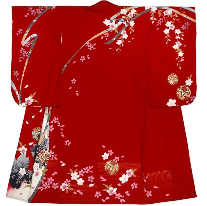 Red Tradition Japanese Kimono Women Spring Dress Print Cherry Blossoms Include Belt