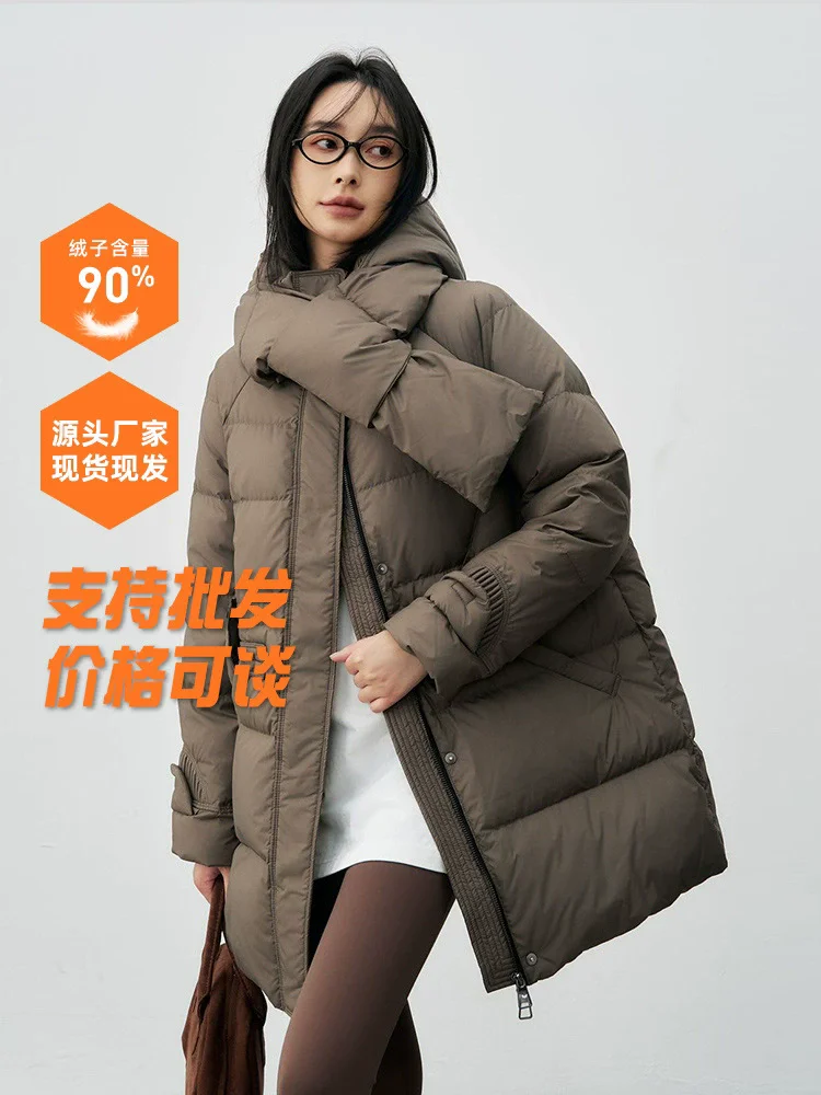 2025 Autumn/Winter New Detachable Hat Scarf Down Jacket Women's Medium Long 90 Duck Down High Quality