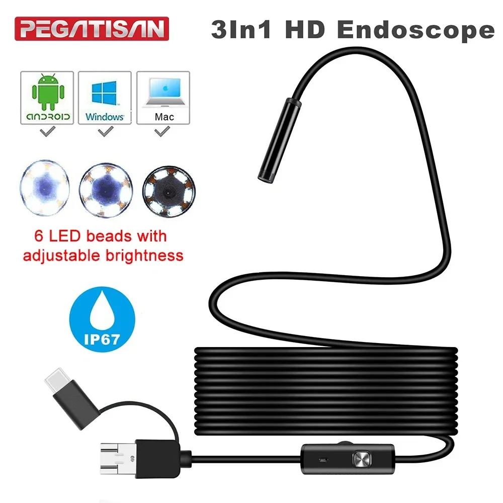 

7mm Endoscope Camera 3 in 1 Micro USB/Type-C Borescope Mini Camera Waterproof LED Car Inspection Cameras For HUAWEI XIAOMI PC